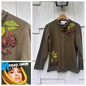 Michael Simon Embroidered Botanical Cotton Top Olive Green Button Up Size‎ M
